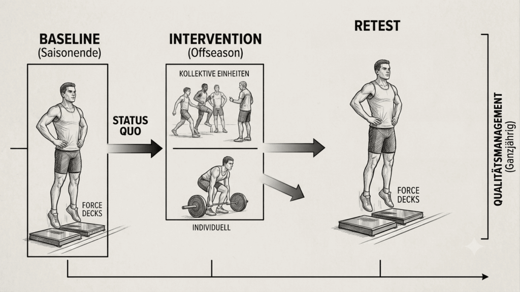 Infografik zum 3-Phasen-Modell der Leistungssteuerung im Mannschaftssport: Baseline-Testung am Saisonende, Interventionsphase in der Offseason und Retest-Optionen zum Saisonstart oder in der Winterpause.